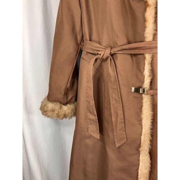 Vintage Overcoat XL Faux Fur Lined Belted Rain Coat Mob Wife Penny Lane - Picture 9 of 12